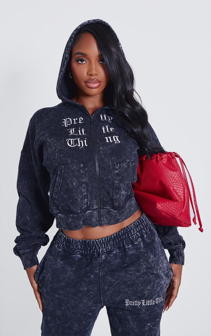 PRETTYLITTLETHING Shape Charcoal Grey Printed Zip Through Washed Hoodie Product Image