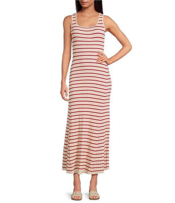 Skies Are Blue Striped Rib Knit Square Neck Sleeves Sheath Maxi Dress Product Image