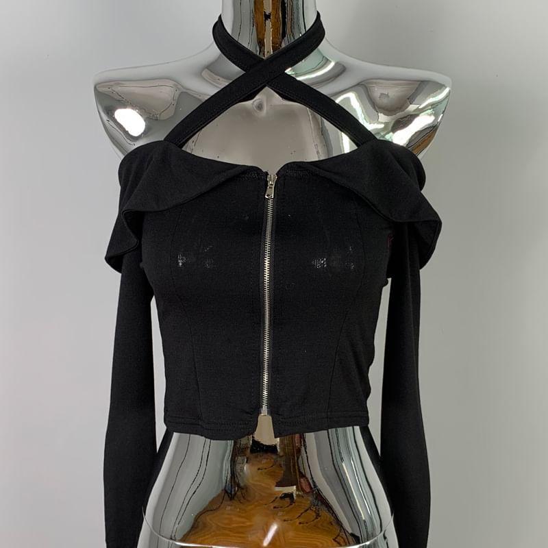 Long-Sleeve Cold-Shoulder Plain Cross Strap Zip Detail Cropped T-Shirt Product Image