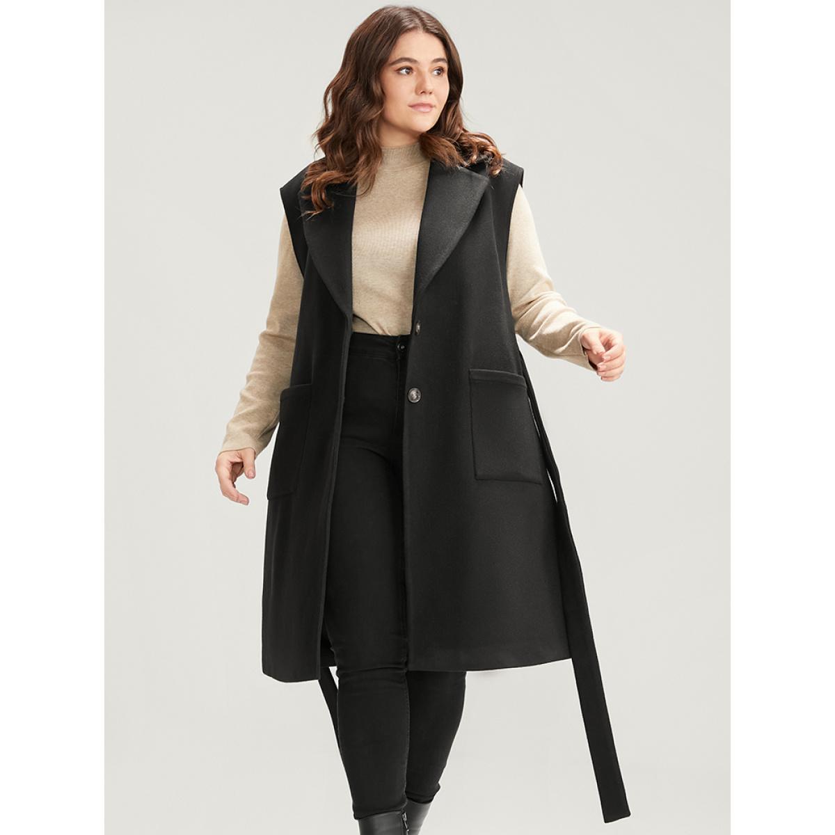 Plus Size Solid Suit Collar Pocket Belted Sleeveless Coat Women Black Office Cross straps Ladies Work Winter Coats BloomChic 12/L Product Image
