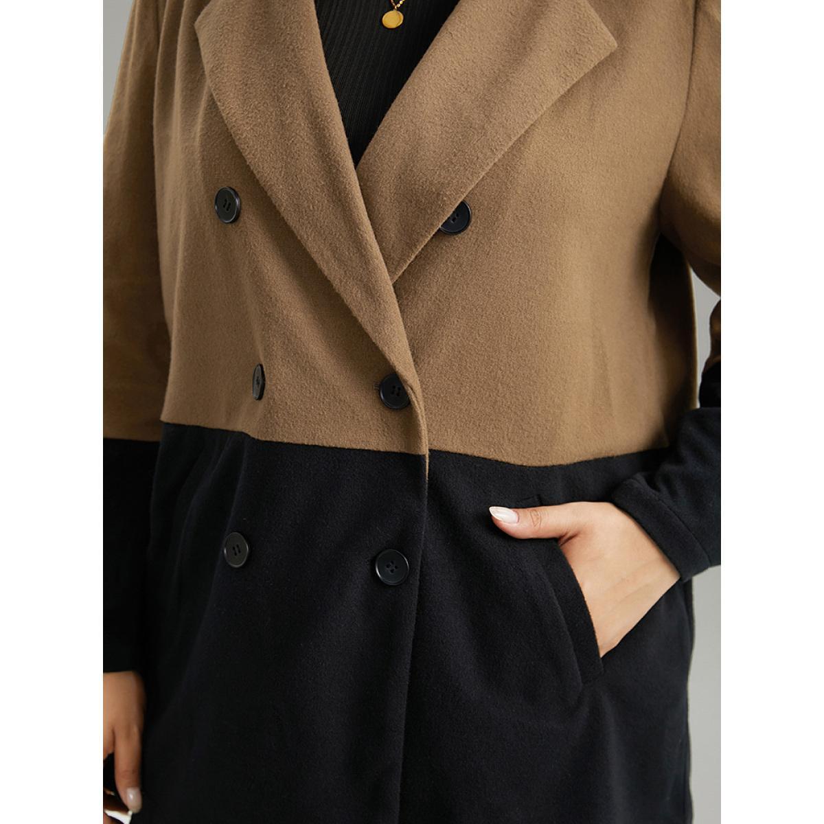 Plus Size Contrast Lapel Collar Double Breasted Pocket Coat Women DarkBrown Casual Contrast Ladies Dailywear Winter Coats BloomChic 18-20/2X Product Image