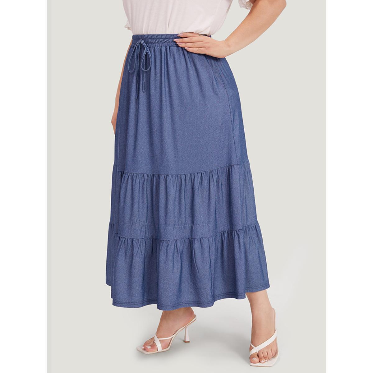 Plus Size Plain Ties Gathered Ruffle Layered Hem Skirt Women Indigo Elegant Plain No stretch Pocket Dailywear Skirts BloomChic 14-16/1X Product Image
