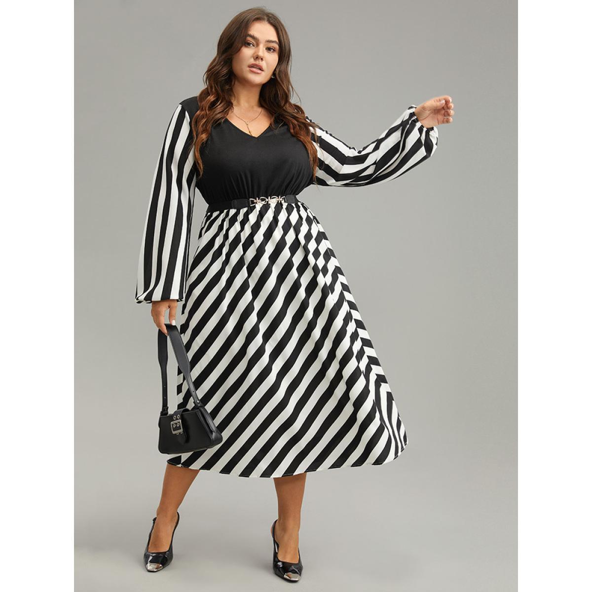 Plus Size Striped Patchwork Elastic Waist Lantern Sleeve Dress Black Women At the Office Elastic cuffs V-neck Long Sleeve Curvy Midi Dress BloomChic 22-24/3X Product Image