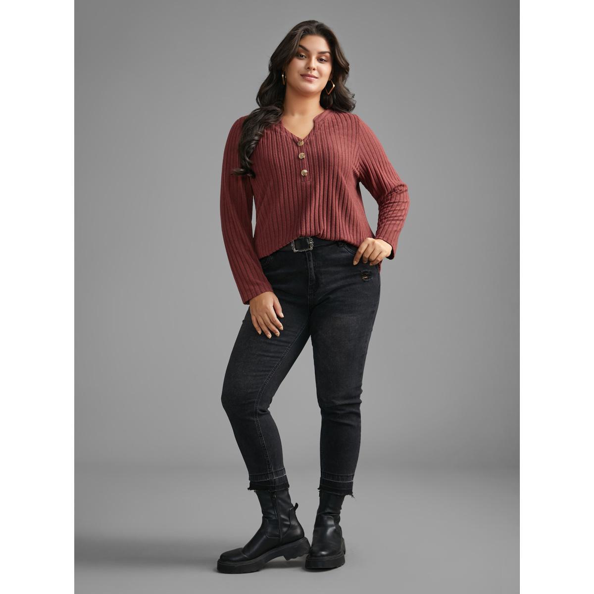 Plus Size Texture Notched Collar Button Up T-shirt Maroon Women Casual Texture Notched collar Everyday T-shirts BloomChic 18-20/2X Product Image