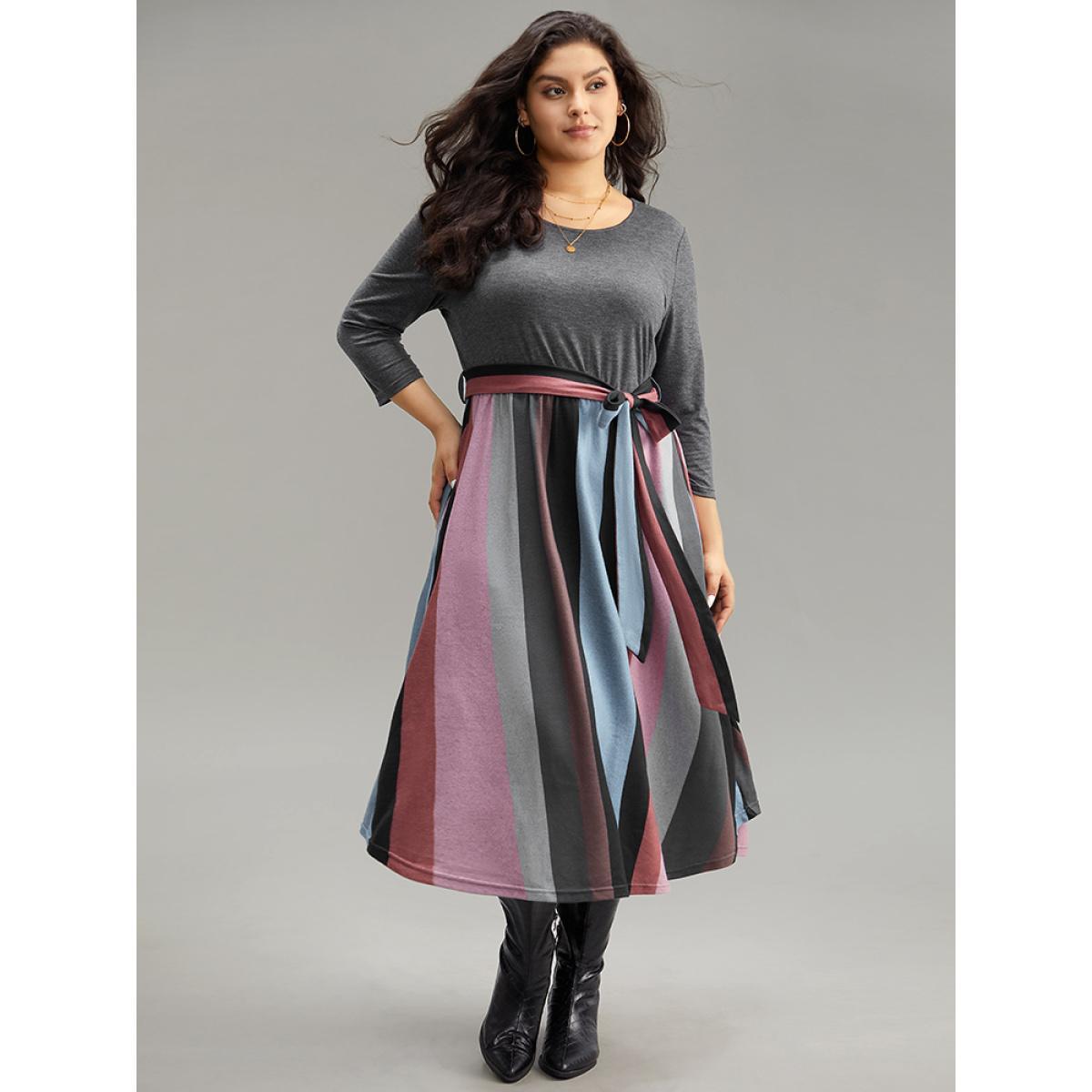 Plus Size Striped Contrast Patchwork Belted Dress DimGray Women Casual Belted Round Neck Elbow-length sleeve Curvy Midi Dress BloomChic 28/5X Product Image