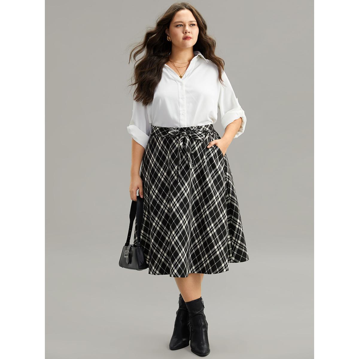 Plus Size Plaid Elastic Waist Knot Ties Skirt Women Black Office Cross straps No stretch Pocket Work Skirts BloomChic 28/5X Product Image