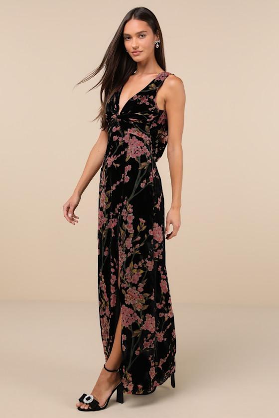 Enhanced Aura Black Floral Burnout Velvet Cowl-Back Maxi Dress Product Image