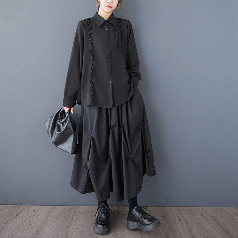 Long Sleeve Ruffle Trim Button Up Shirt Product Image