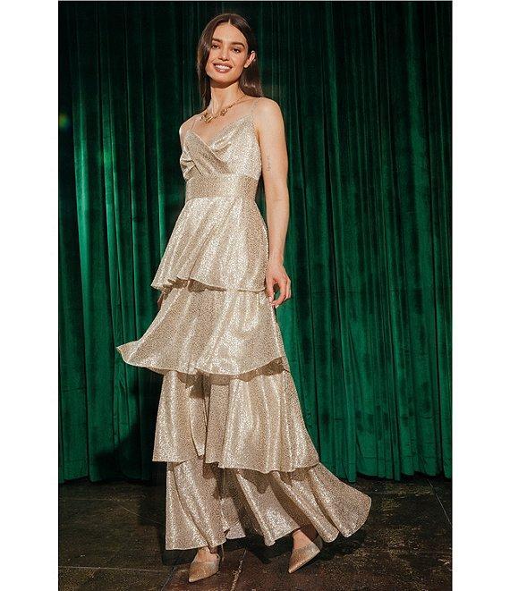 Skies Are Blue Lurex Metallic Shimmer Sweetheart Neck Sleeveless Tiered Maxi Dress Product Image