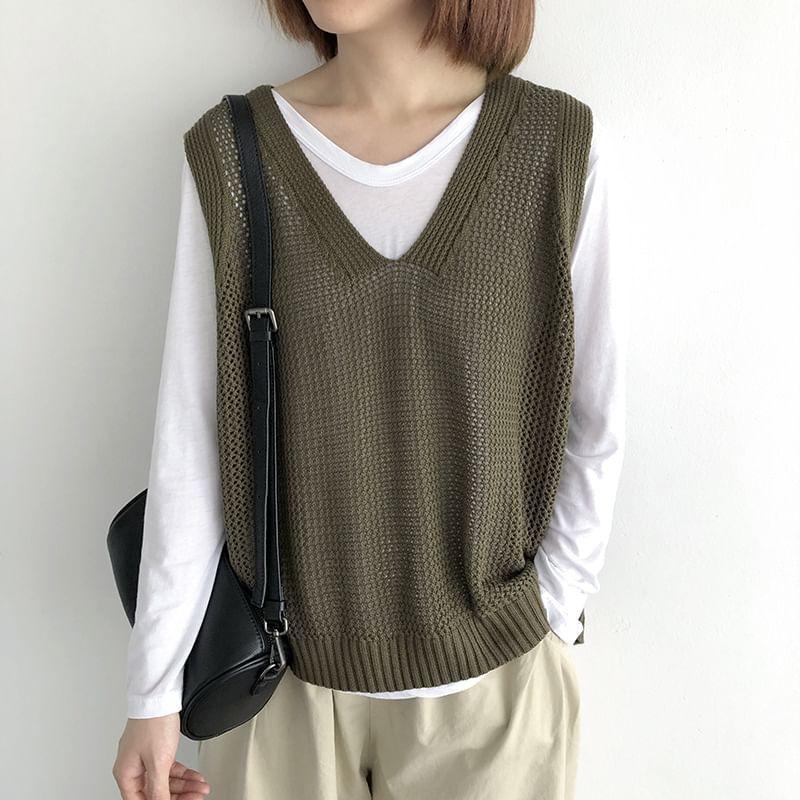V-Neck Plain Pointelle Sweater Vest Product Image