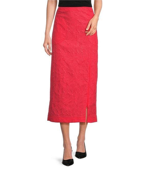 IC Collection Woven Elastic Waist Side Slit Pencil Midi Skirt Product Image
