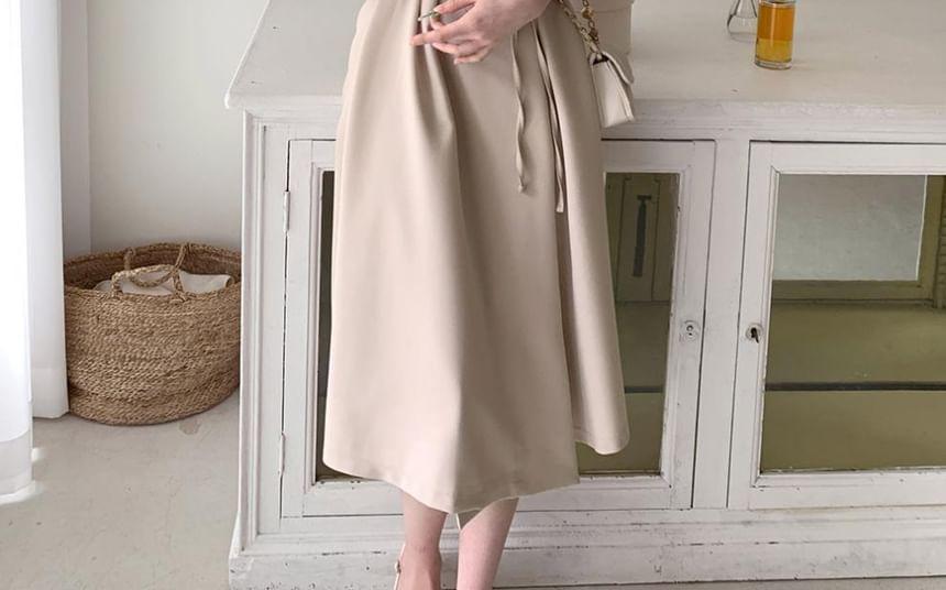 Long-Sleeve V-Neck Plain Tie Waist Midi A-Line Dress Product Image