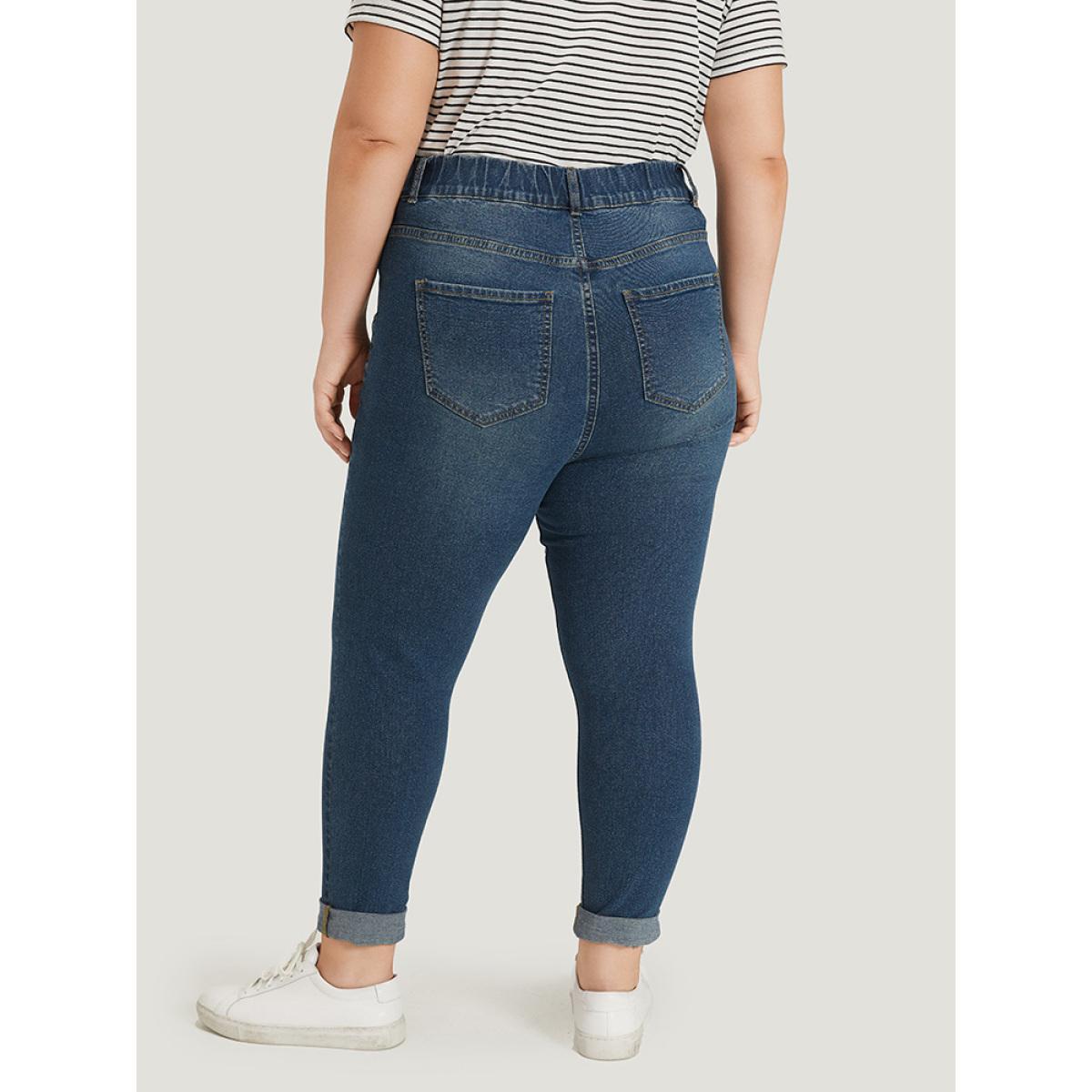 Plus Size Plain Elastic Waist Medium Wash Roll Hem Jeans Women Indigo Casual Plain Plain High stretch Pocket Jeans BloomChic 24/3X Product Image