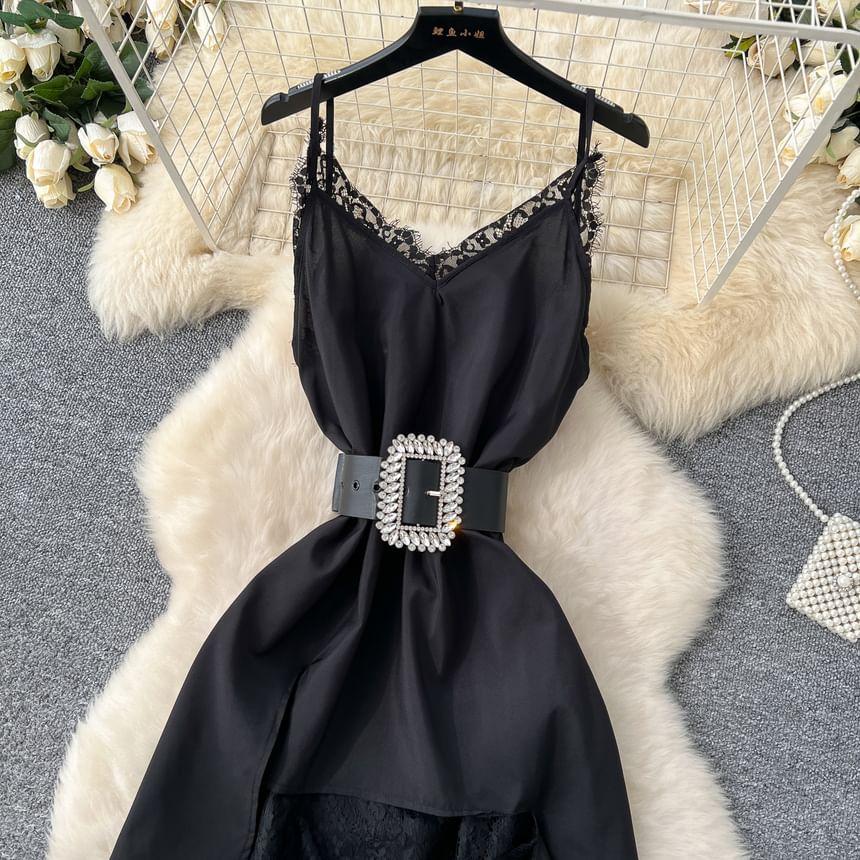 Set: Spaghetti Strap V-Neck Lace Panel High Low A-Line Dress + Rhinestone Buckle Belt Product Image