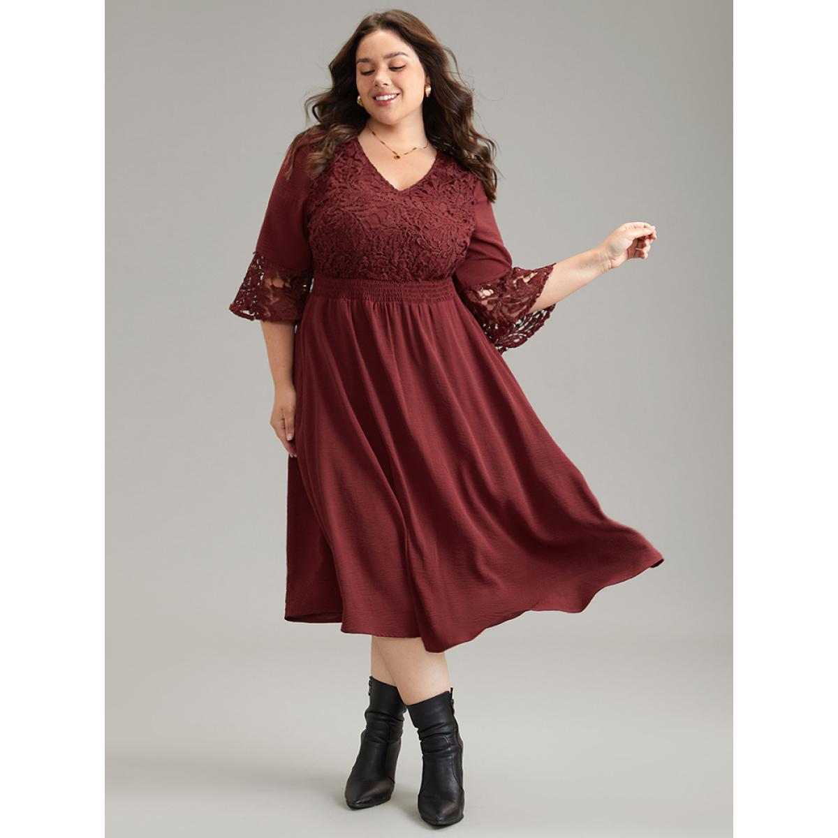 Plus Size Geometric Shirred Lace Patchwork Bell Sleeve Dress Scarlet Women Elegant Plain V-neck Elbow-length sleeve Curvy Midi Dress BloomChic 12/L Product Image