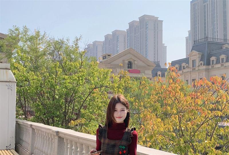 Turtleneck Plain Sweater / Square Neck Plaid Ruffle Midi Overall Dress Product Image