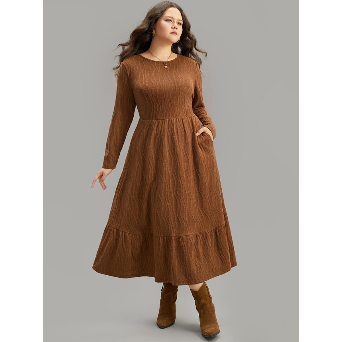 Plus Size Water Ripple Long Sleeve Pocket Dress Rust Women Casual Texture Round Neck Long Sleeve Curvy Midi Dress BloomChic 10/M Product Image