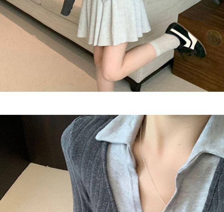 V-Neck Collared Mock Two-Piece Two Tone Bow Accent T-Shirt Product Image
