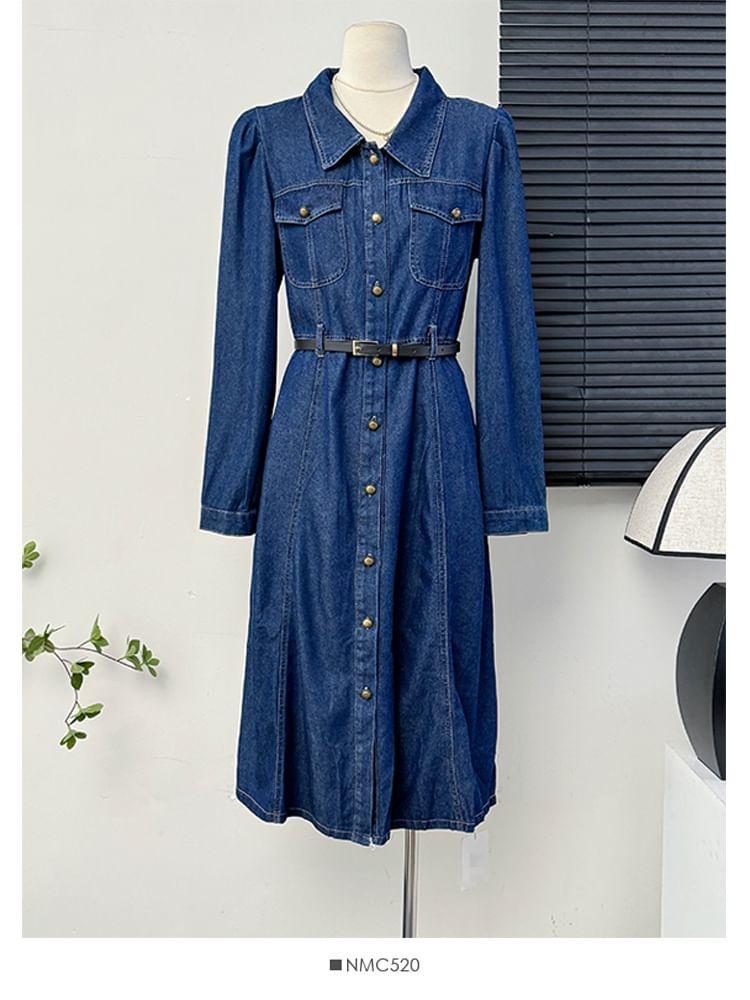 Stitched Denim Midi Shirtdress With Belt Product Image