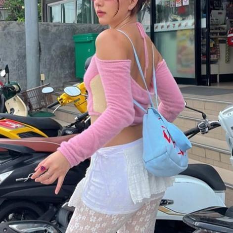 Long Sleeve Cold Shoulder Butterfly Print Crop Knit Top Product Image