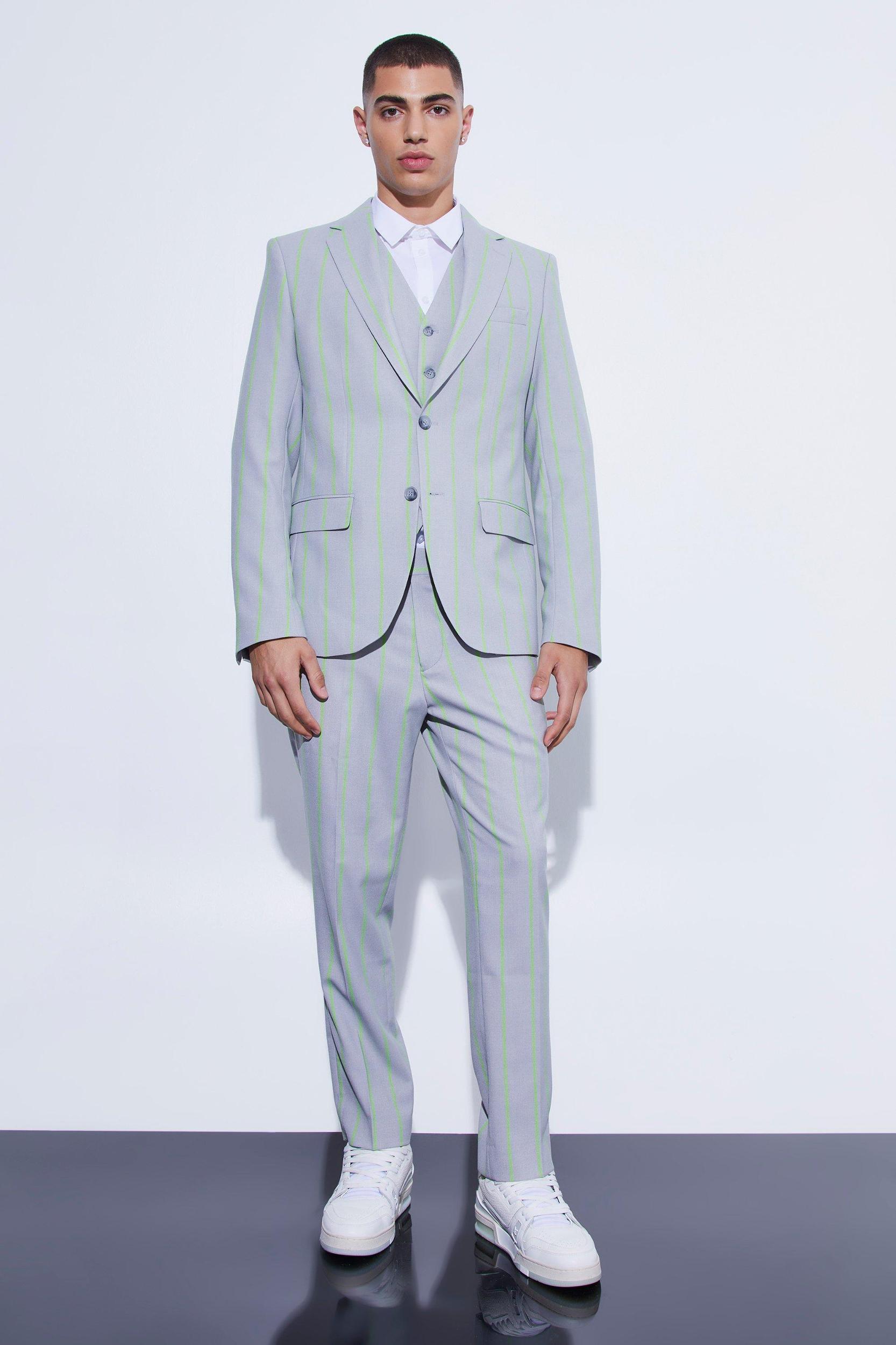 Slim Crop Wide Stripe Suit Pants | boohooMAN USA Product Image