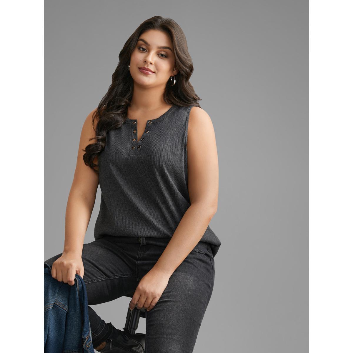 Plus Size Notched Collar Eyelet Tank Top Women DimGray Casual Eyelet Notched collar Everyday Tank Tops Camis BloomChic 18-20/2X Product Image