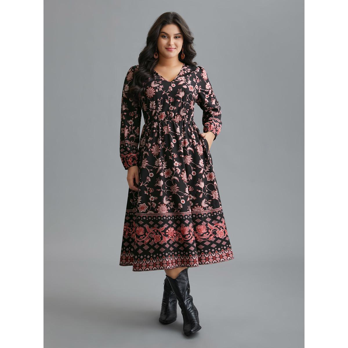 Plus Size Floral Elastic Waist V-Neck Midi Dress BlackFlower Women Resort Non V-neck Long Sleeve Curvy BloomChic 18-20/2X Product Image