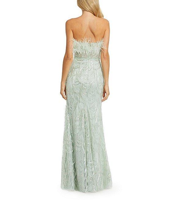 Mac Duggal Feather Trim Strapless Corset Bodice Embroidered Sheath Gown Product Image