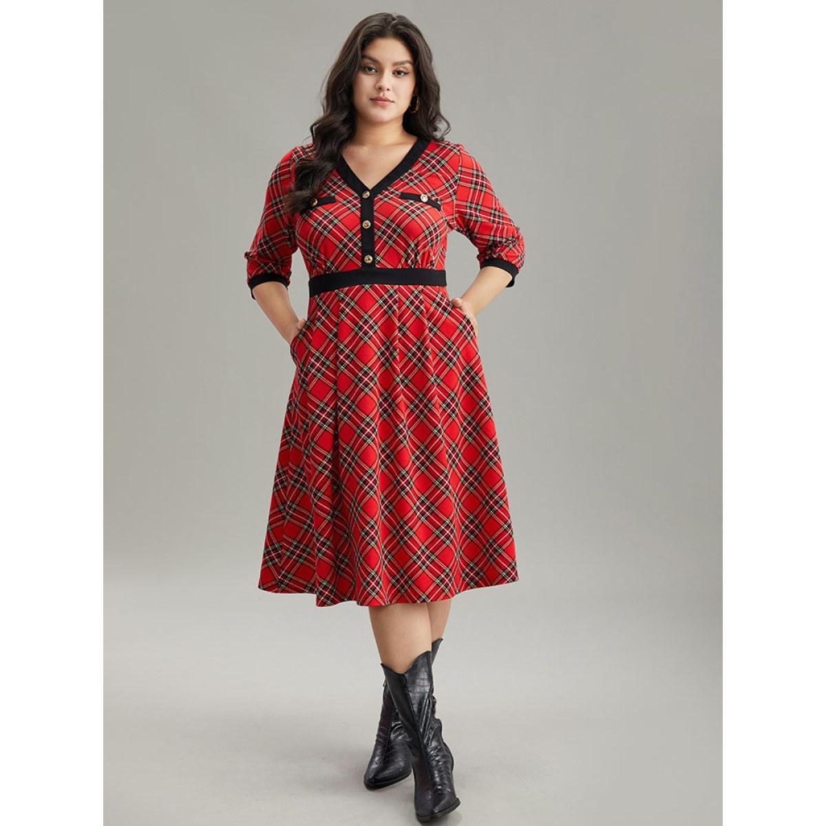 Plus Size Plaid Contrast Trim Pocket Button Detail Dress Raspberry Women Casual Printed V-neck Elbow-length sleeve Curvy Midi Dress BloomChic 22-24/3X Product Image