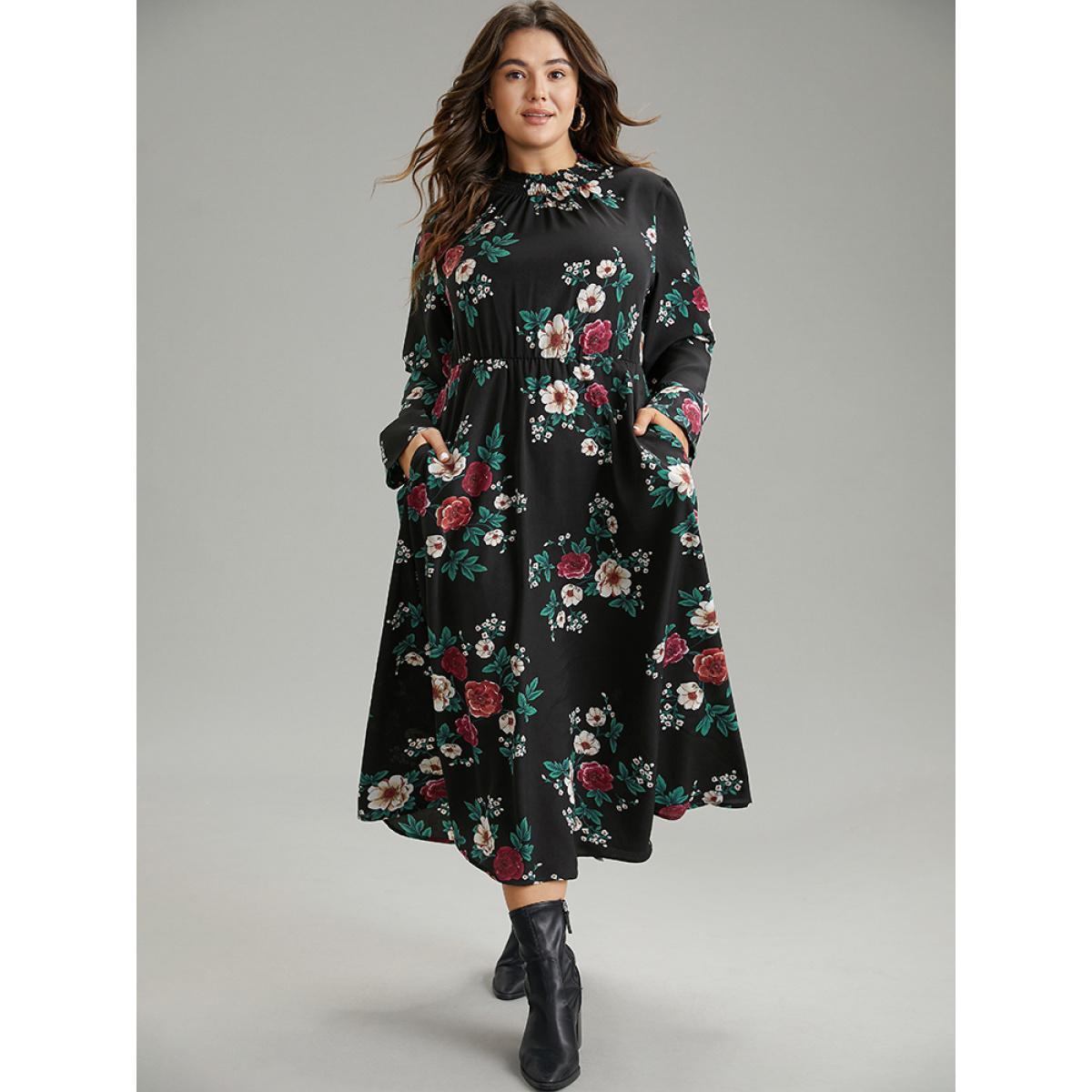 Plus Size Floral Print Shirred Mock Neck Dress Black Women Elegant Printed Mock Neck Long Sleeve Curvy Midi Dress BloomChic 22-24/3X Product Image