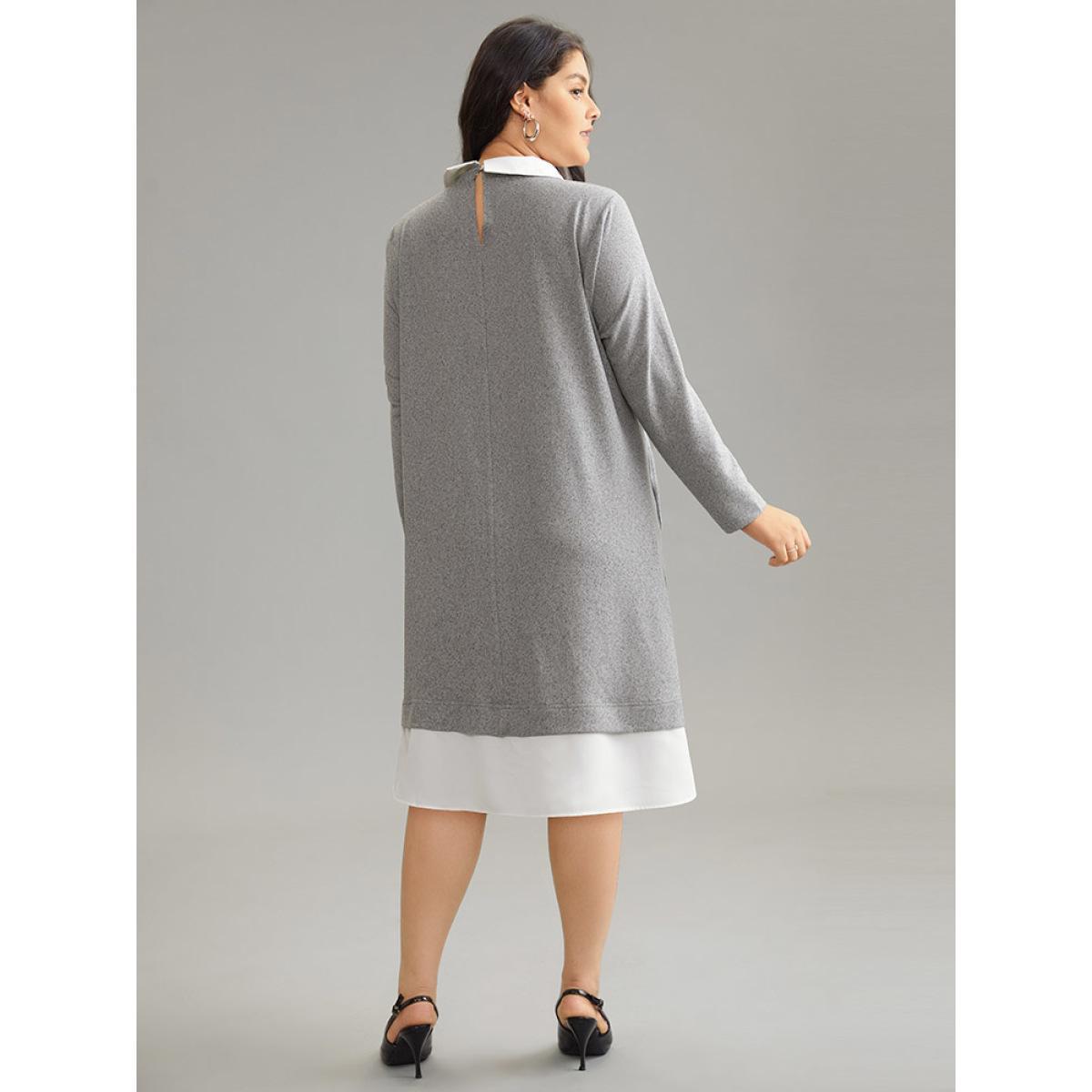 Plus Size Solid Lapel Collar Heather 2-In-1 Dress DarkGray Women Office Heather Lapel Collar Long Sleeve Curvy Midi Dress BloomChic 22-24/3X Product Image