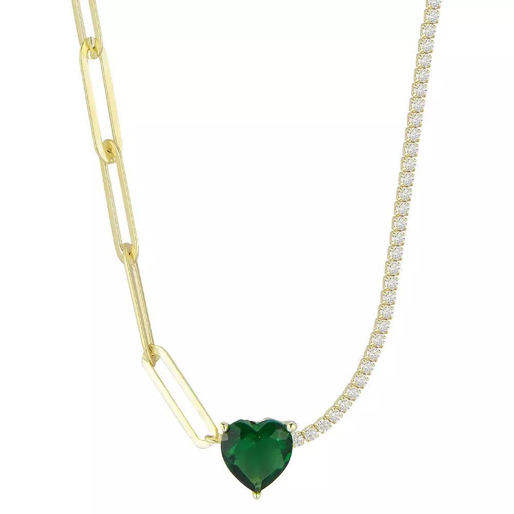 Sunkissed Sterling Cubic Zirconia Link & Tennis Heart Necklace, Women's, Size: 16", Gold Tone Green Product Image