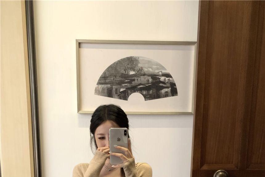 Long Sleeve V-Neck Plain Knit Top / High Rise Plain Bow Maxi Pencil Skirt Product Image