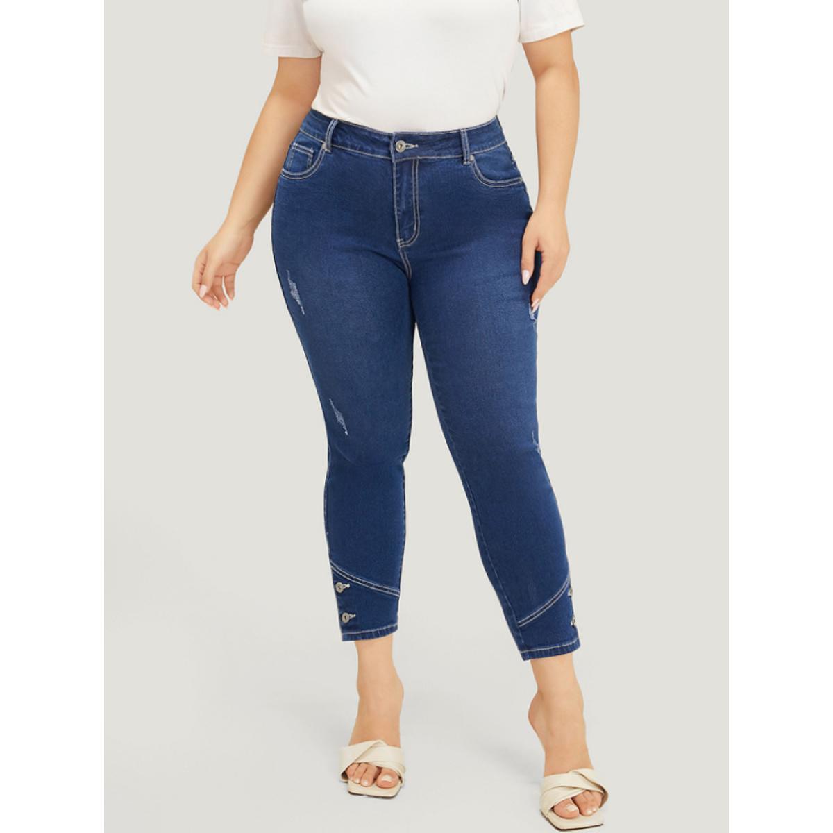 Plus Size Very Stretchy High Rise Dark Wash Button Hem Jeans Women Indigo Casual Plain Button High stretch Jeans BloomChic 30/6X Product Image