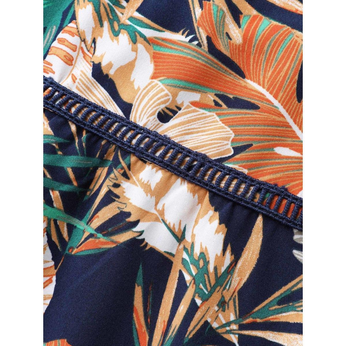 Plus Size Tropical Leaf Print Lace Stretchy Midi Dress Indigo Women Flat collar with V-notch Elbow-length sleeve Curvy BloomChic 12/L Product Image