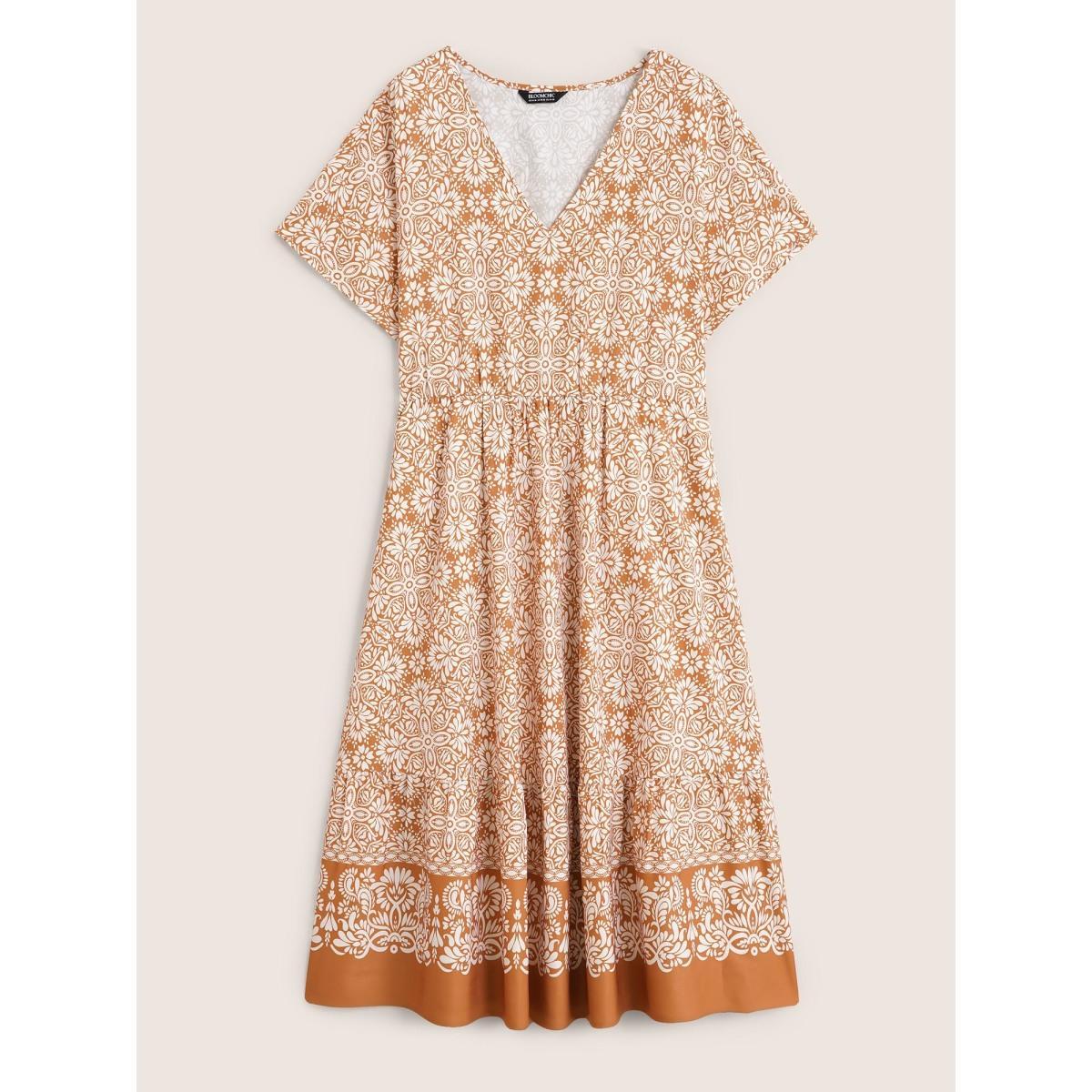 Plus Size V Neck Bandana Dolman Sleeve Midi Dress Brightorange Women Resort Gathered V-neck Short sleeve Curvy BloomChic 18-20/2X Product Image