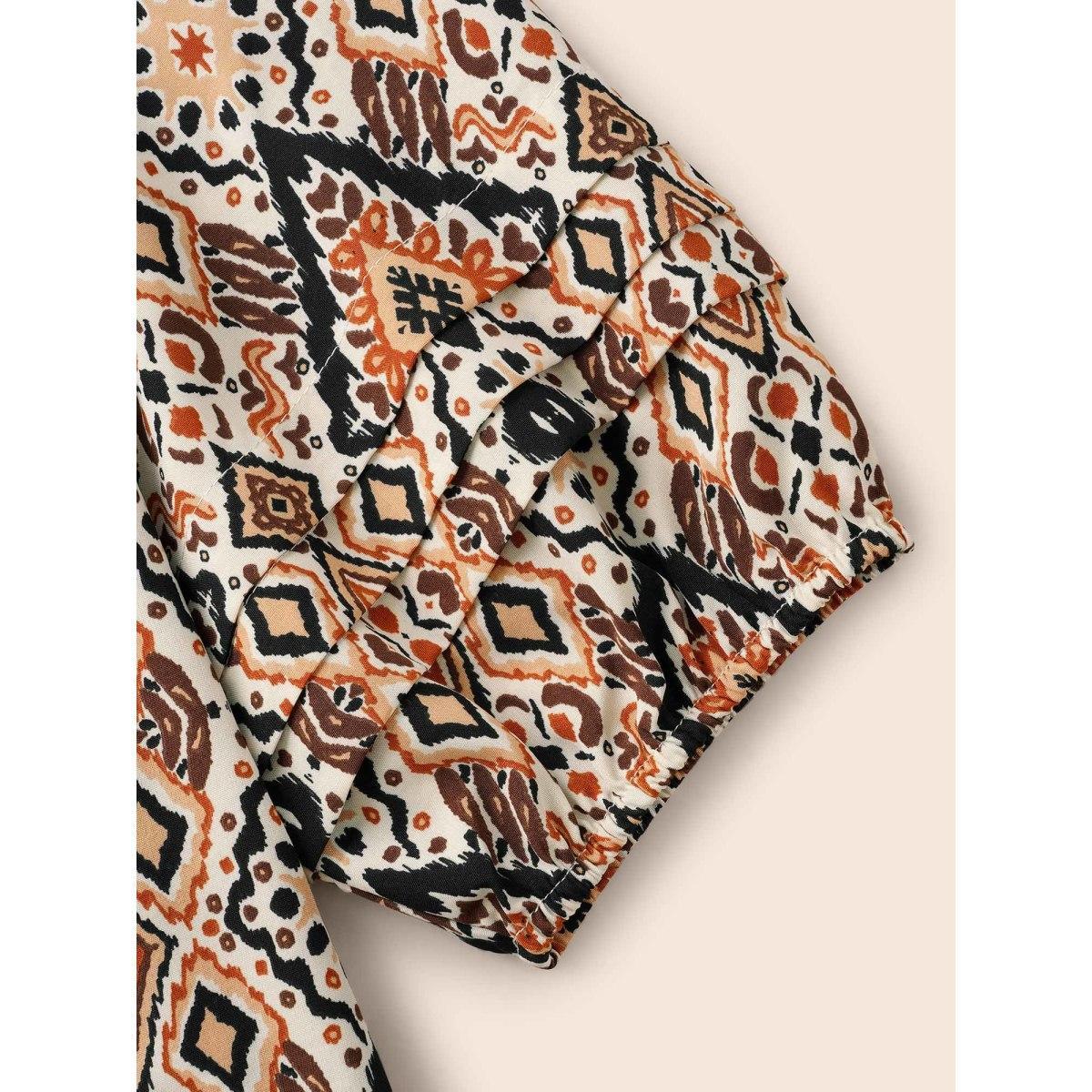 Plus Size Browncoffeecolor Bandana Geometric Pleated Lantern Sleeve Blouse Women Elegant Elbow-length sleeve V-neck Everyday Blouses BloomChic 10/M Product Image