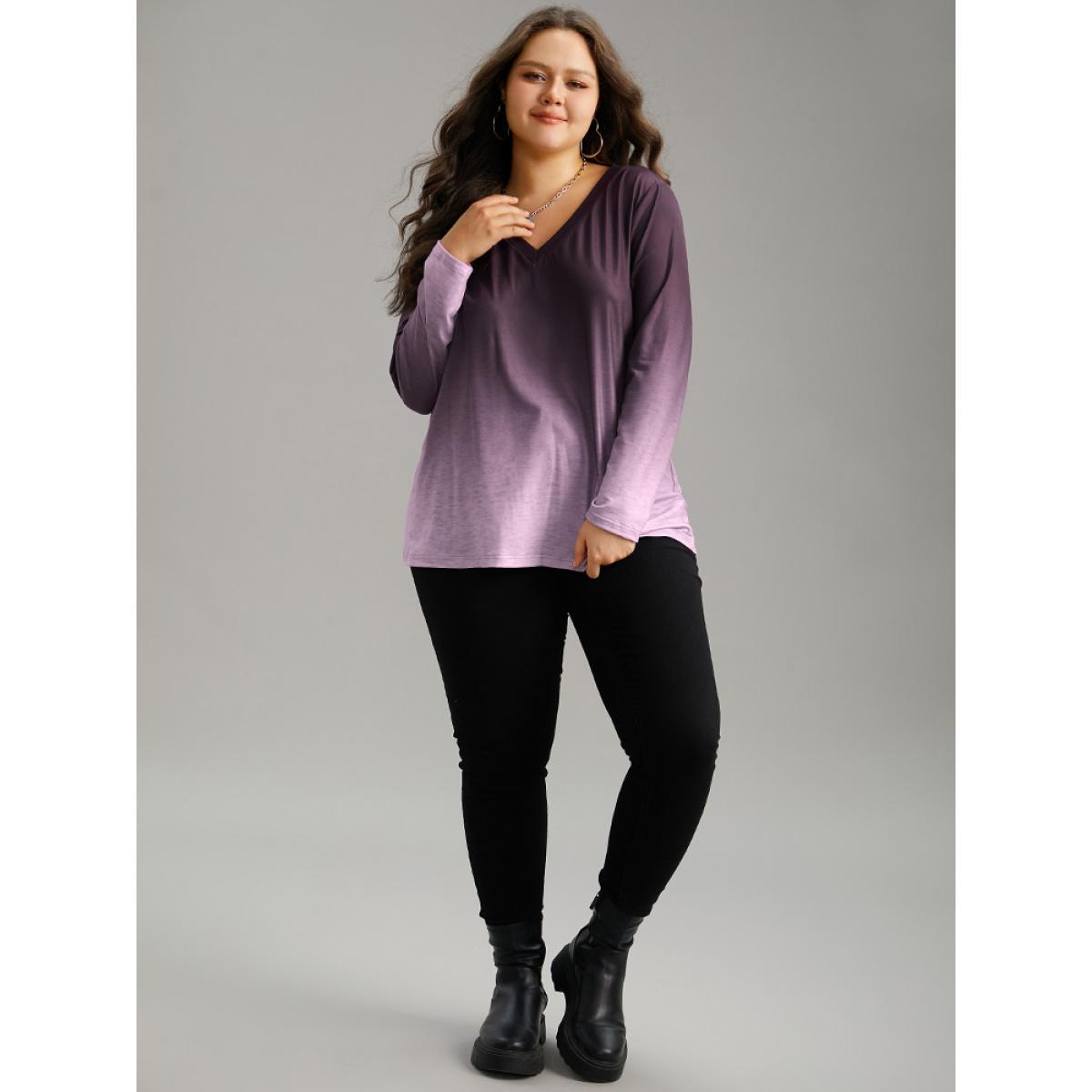 Plus Size Ombre V Neck Slightly Stretchy T-shirt Purple Women Casual Plain Ombre V-neck Everyday T-shirts BloomChic 12/L Product Image