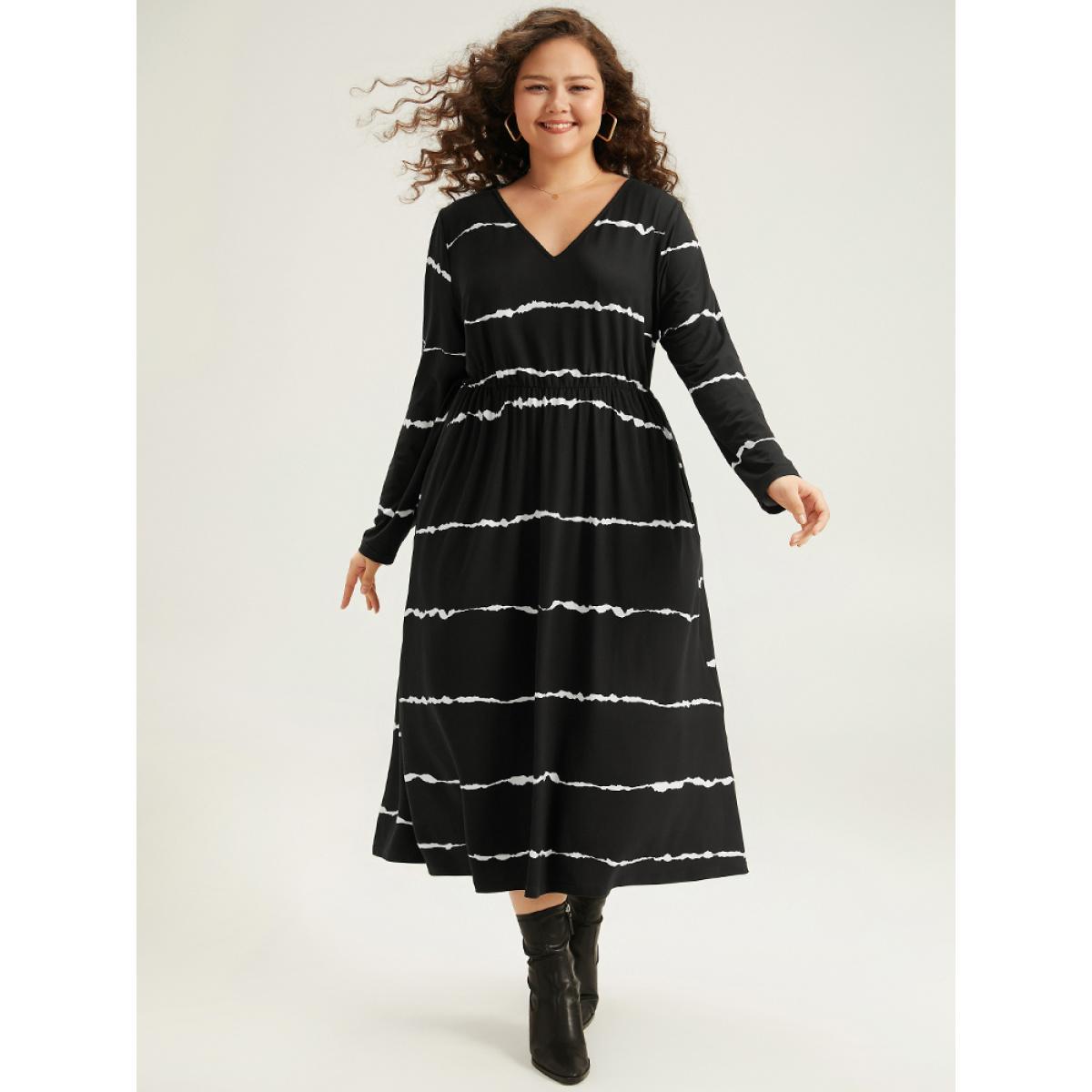 Plus Size Striped Print V Neck Elastic Waist Dress Black Women Casual Elastic Waist V-neck Long Sleeve Curvy Midi Dress BloomChic 14-16/1X Product Image