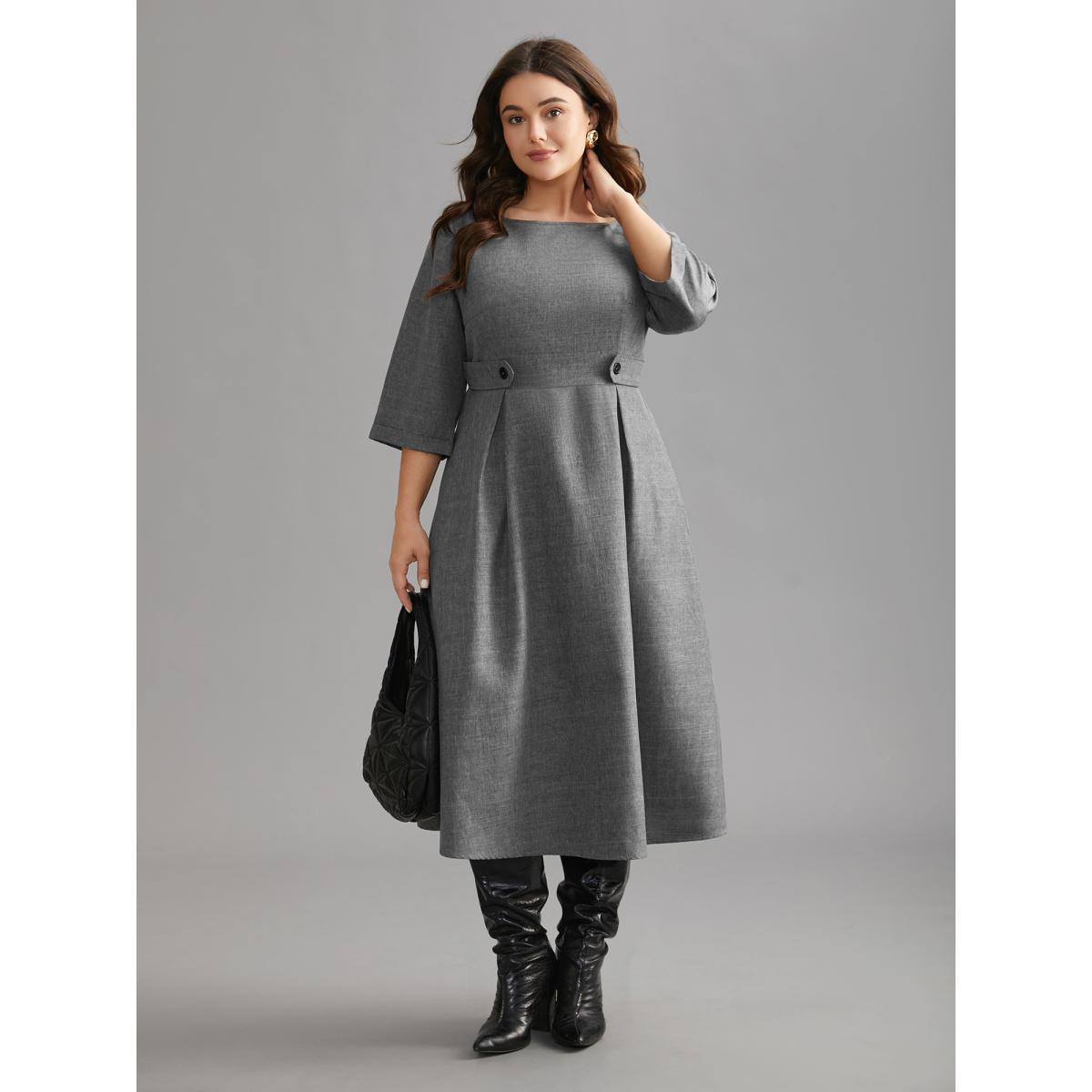 Plus Size Buckled Waist Loops Pleated Midi Dress DarkGray Women At the Office Pleated Boat Neck Elbow-length sleeve Curvy BloomChic 22-24/3X Product Image