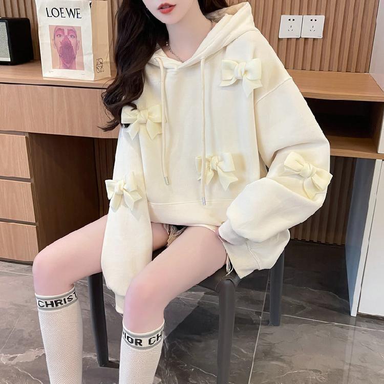 Plain Bow Accent Oversized Hoodie Product Image