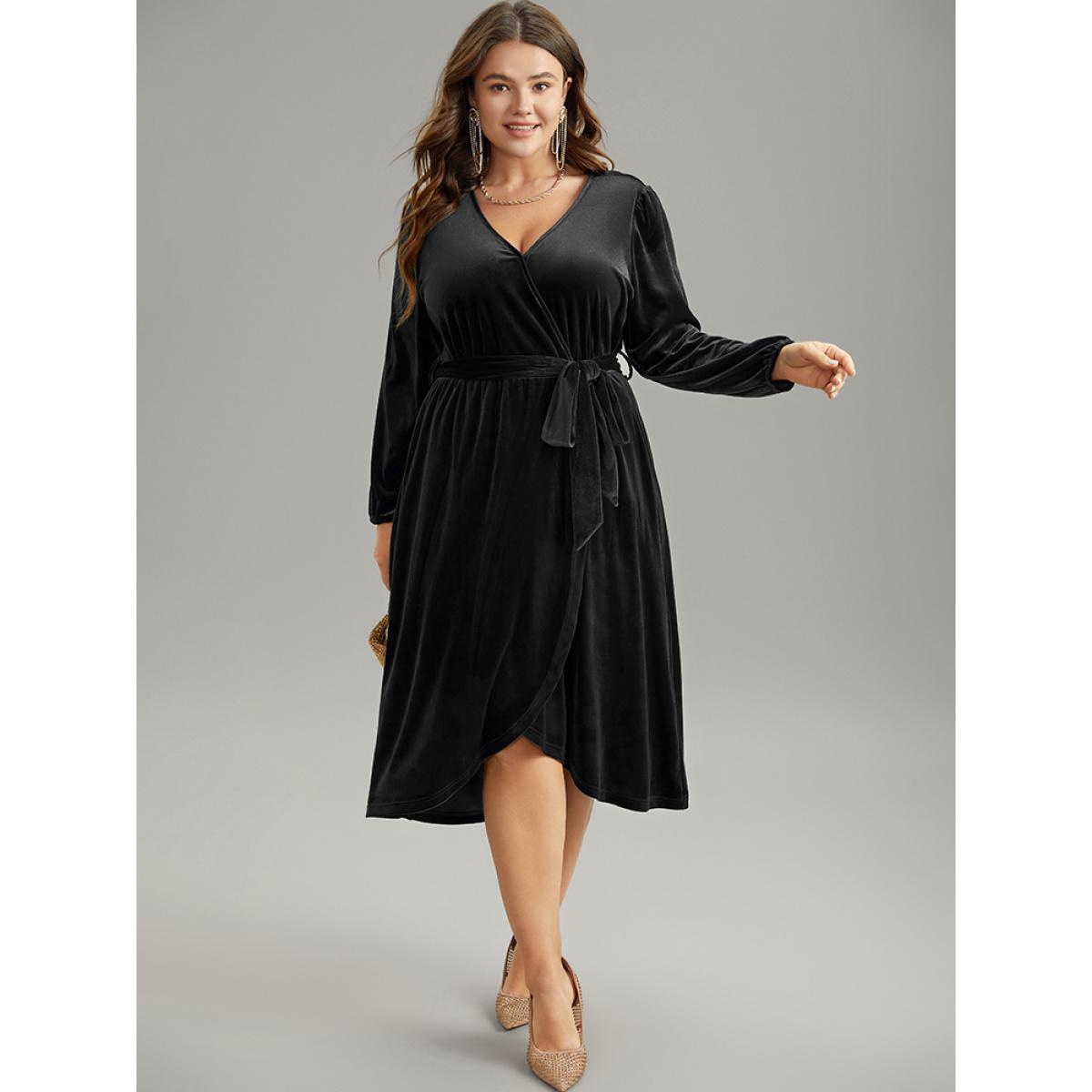 Plus Size Solid Velvet Belted Wrap Arc Hem Dress Deeppurplered Women Elegant Elastic cuffs Overlap Collar Long Sleeve Curvy Midi Dress BloomChic 30/6X Product Image