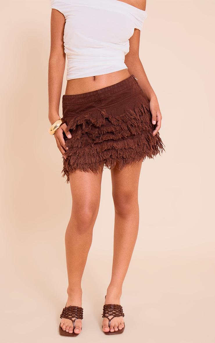 Petite Chocolate Denim Frayed Rara Micro Mini Skirt Product Image