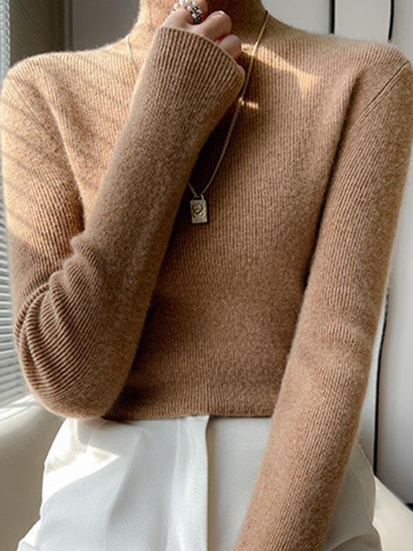 Casual Skinny Long Sleeves Solid Color Half Turtleneck Sweater Tops Product Image