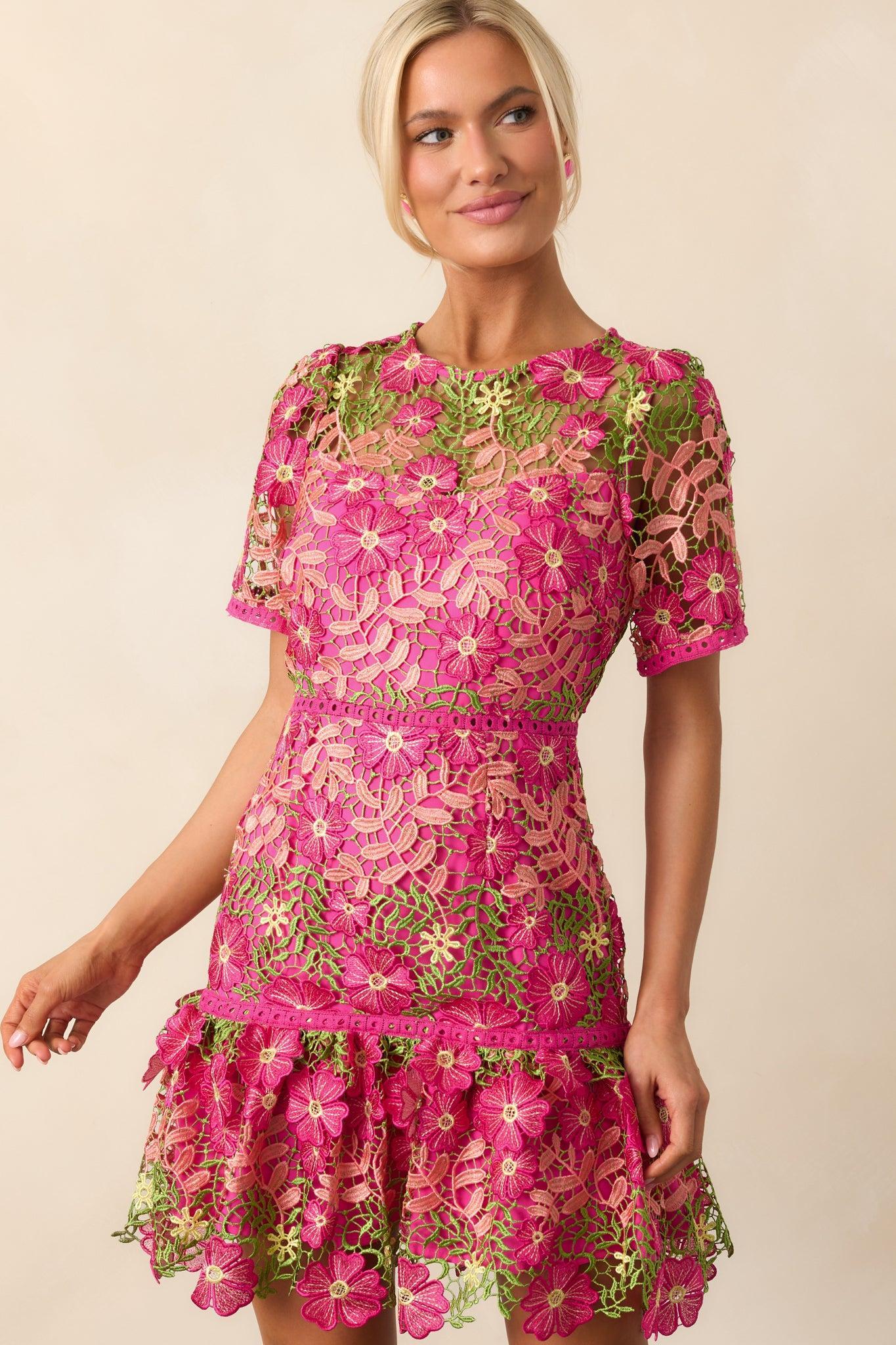 A Work Of Art Magenta Pink Floral Embroidered Mini Dress Product Image