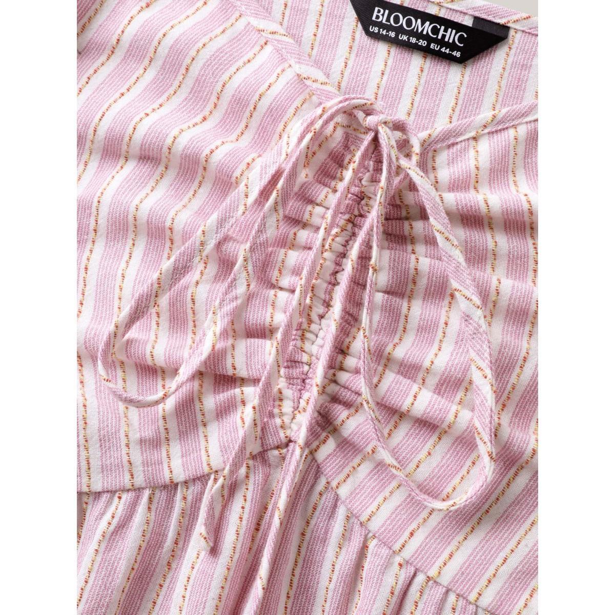 Plus Size Cotton Stripes Neck Ties Ruched Tank Top Women Blush Drawstring Heart neckline Vacation Tank Tops Camis BloomChic 26/4X Product Image