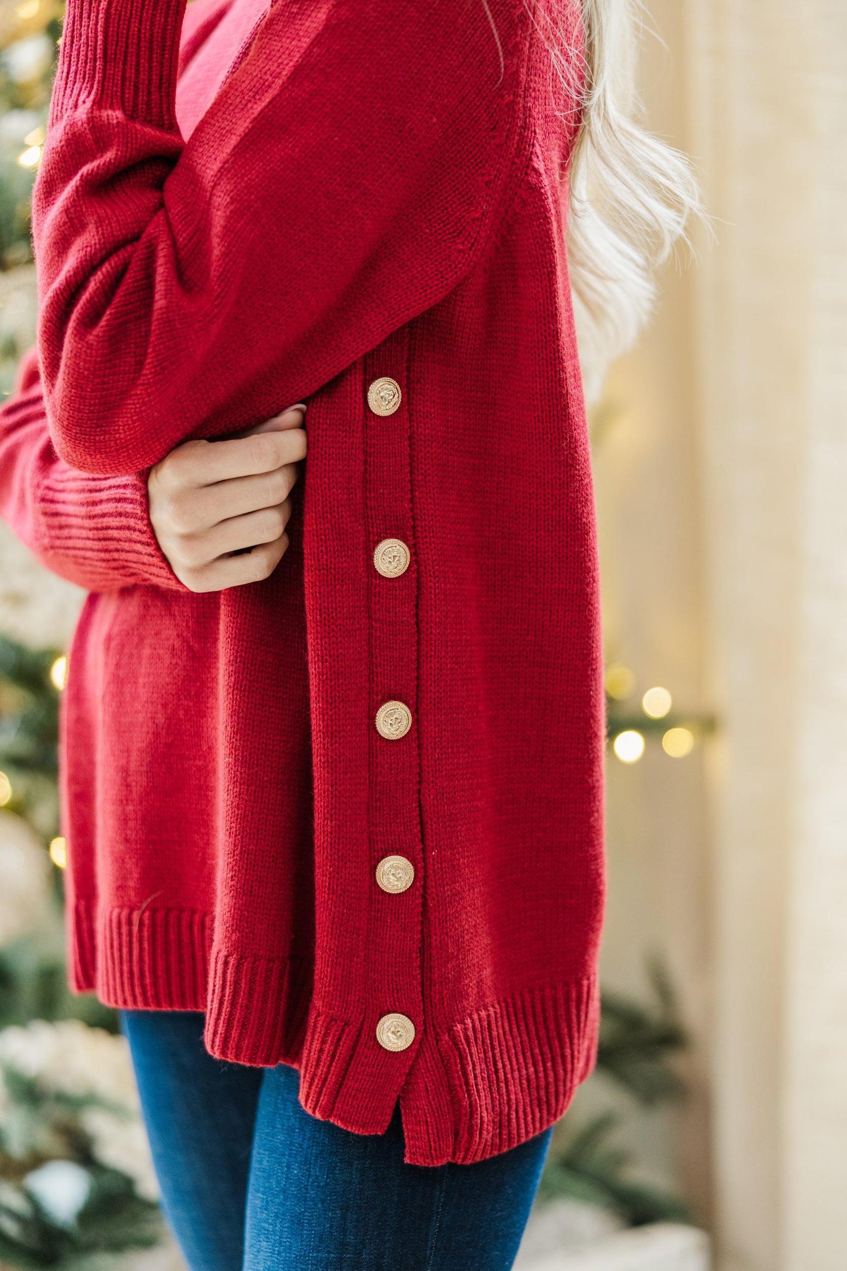 The Slouchy Red Side Button Sweater Female Product Image