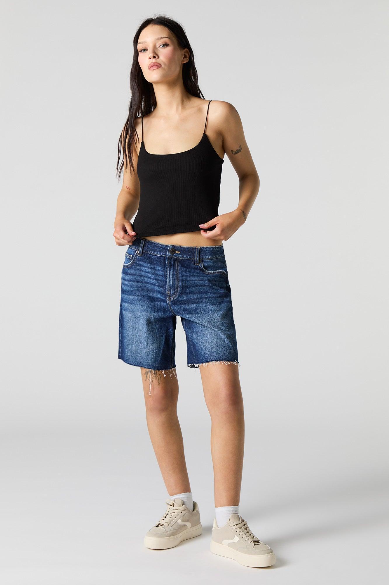 Dark Wash Frayed Jort Female Product Image