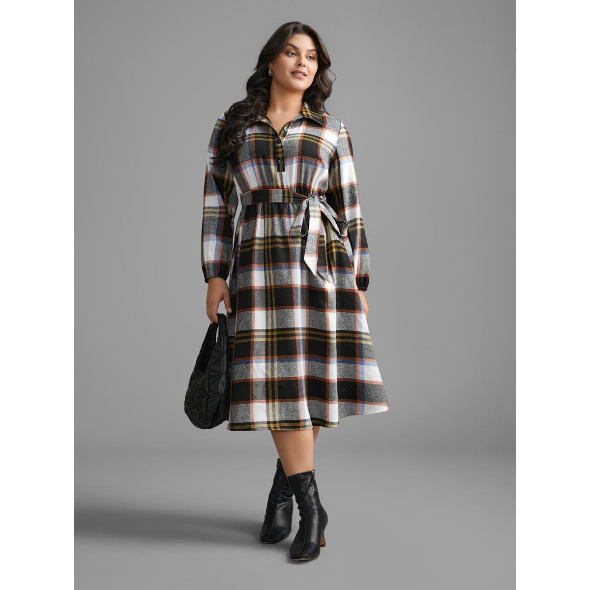 Plus Size Plaid Button Up Belted Knit Dress Multicolor Women At the Office Belted Knit Dresses Bloomchic 12/L Product Image