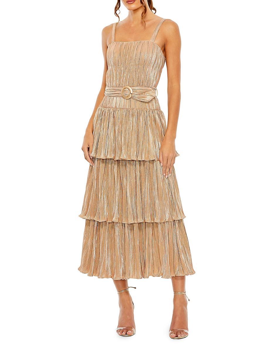 Womens Belted Metallic Tiered Midi-Dress Product Image